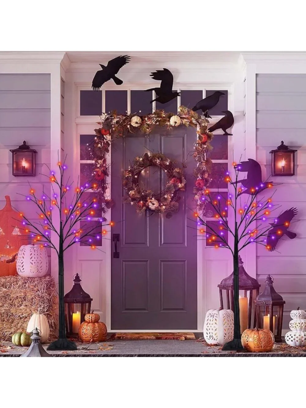 2 Pack 4FT Black Halloween Tree with 100 LED Orange & Purple Lights - Spooky